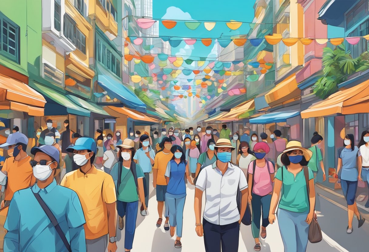 A bustling street in Singapore with people wearing various colorful masks, creating a vibrant and lively atmosphere