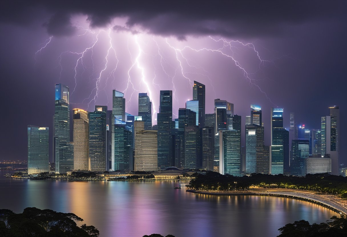 Dark storm clouds loom over Singapore's skyline as lightning strikes illuminate the cityscape. The air crackles with electricity, and the skyline is silhouetted against the dramatic flashes of light