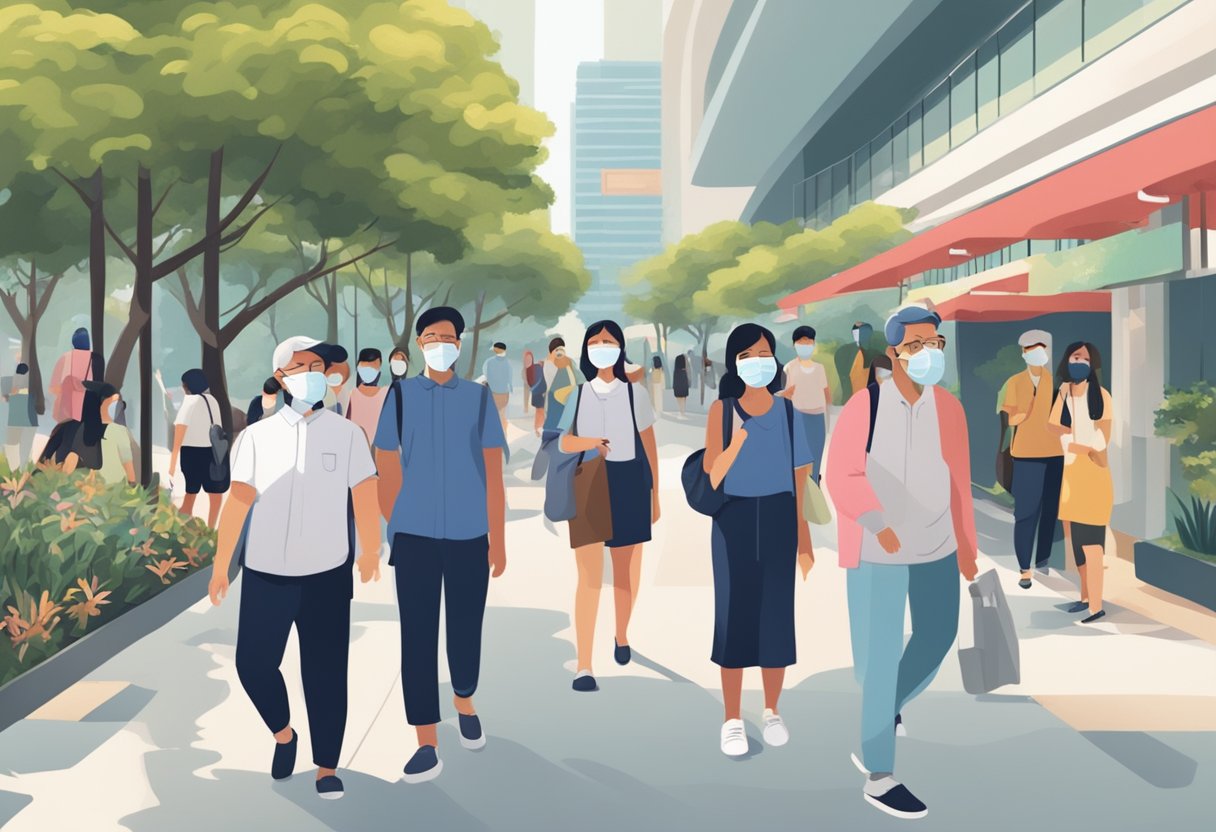 People in Singapore wearing masks, social distancing, and following health regulations in public spaces