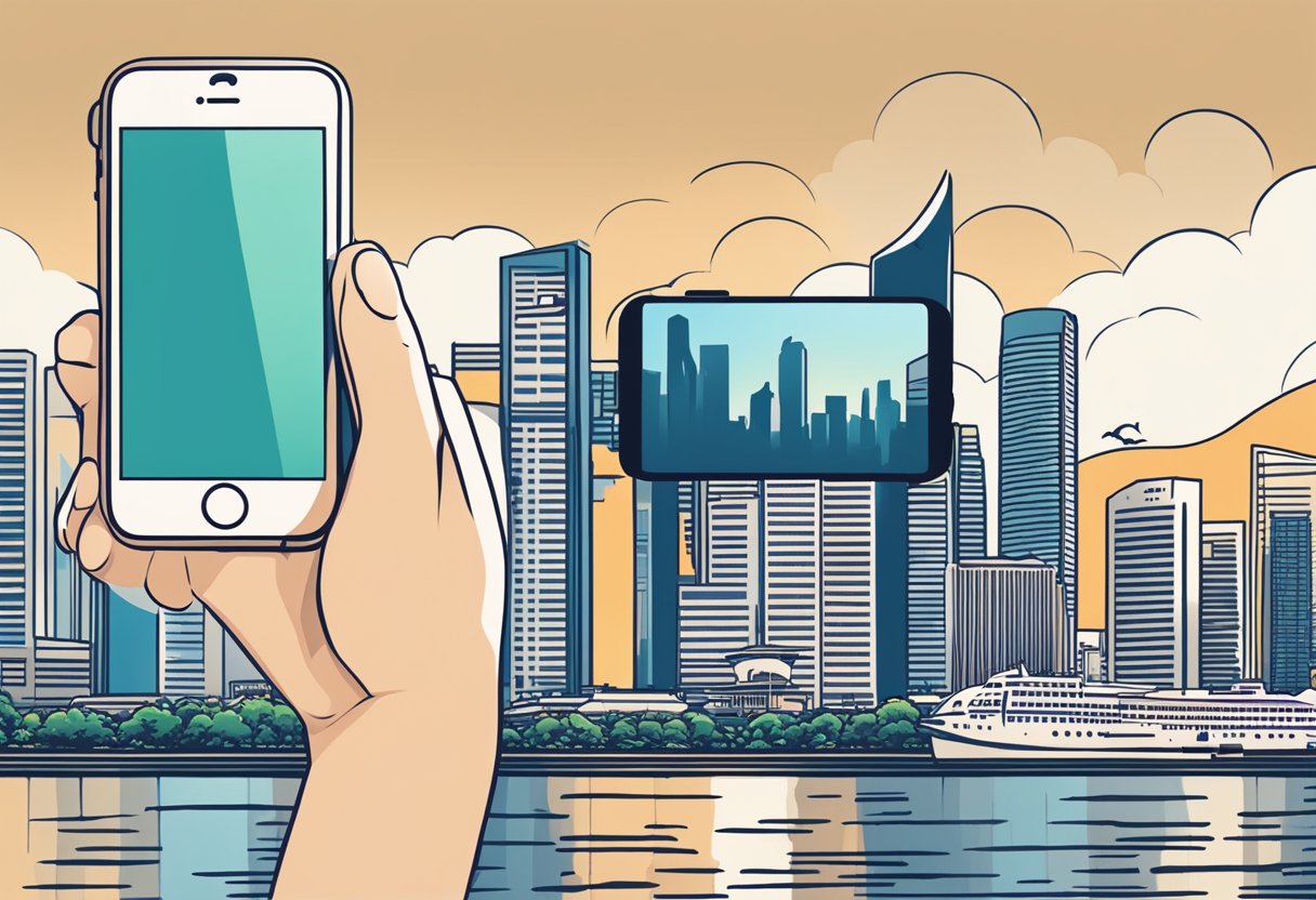 A hand holding an iPhone against the backdrop of the Singapore skyline