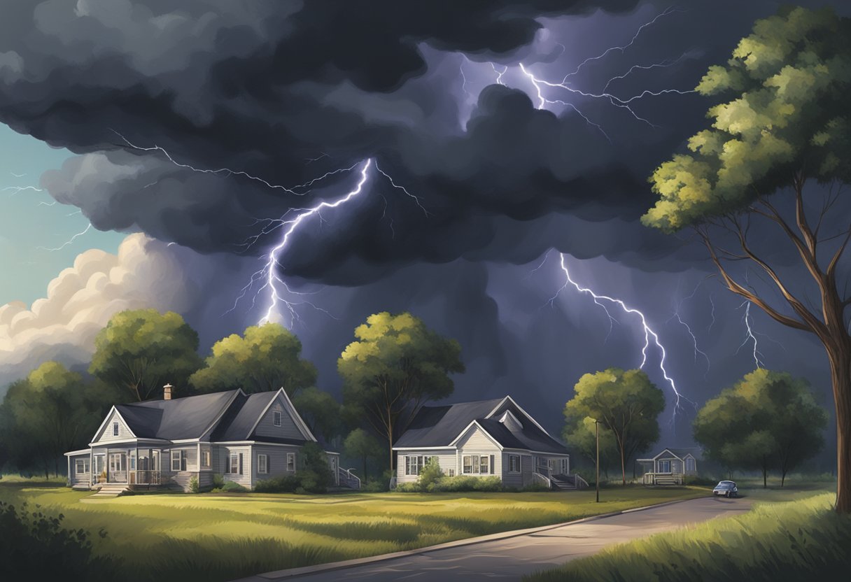 Dark clouds loom overhead as lightning strikes the ground. People seek shelter indoors while trees sway in the strong winds