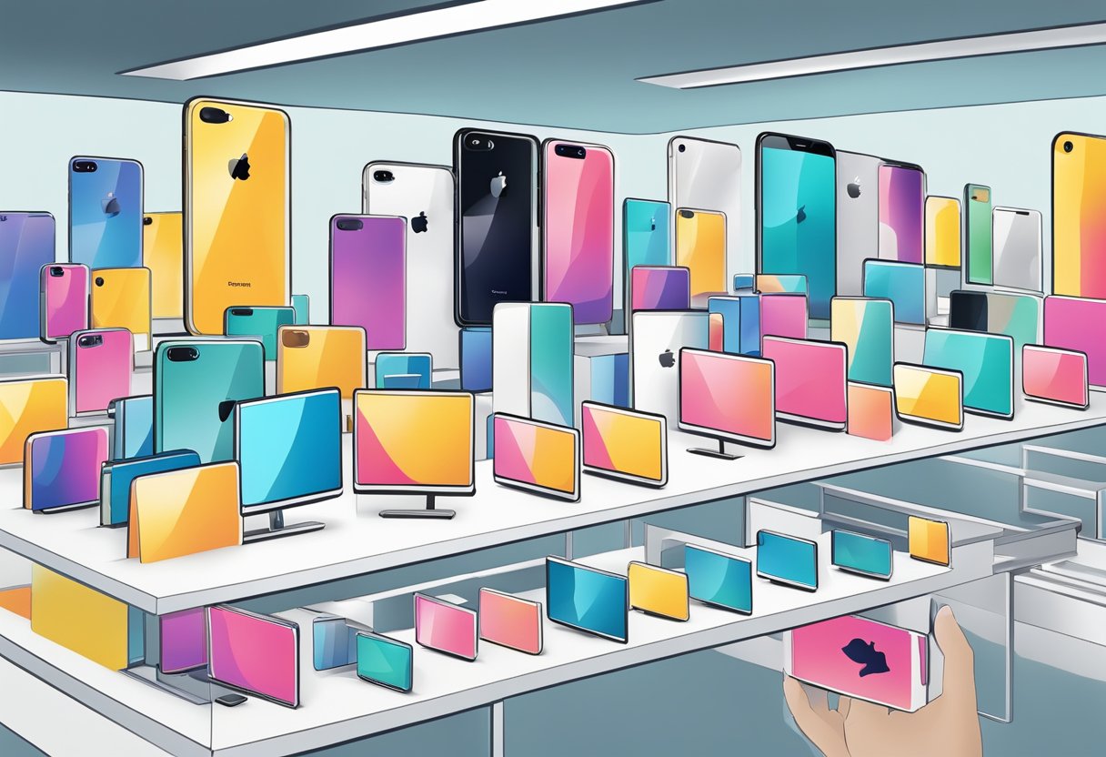 A hand reaches for various iPhone models on display in a sleek and modern electronics store in Singapore