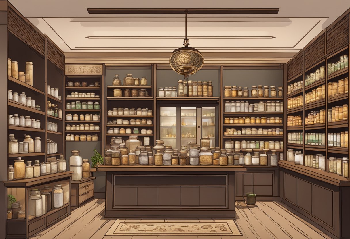A traditional Chinese medicine shop in Singapore, with shelves of dried herbs, jars of medicinal ingredients, and a traditional apothecary scale