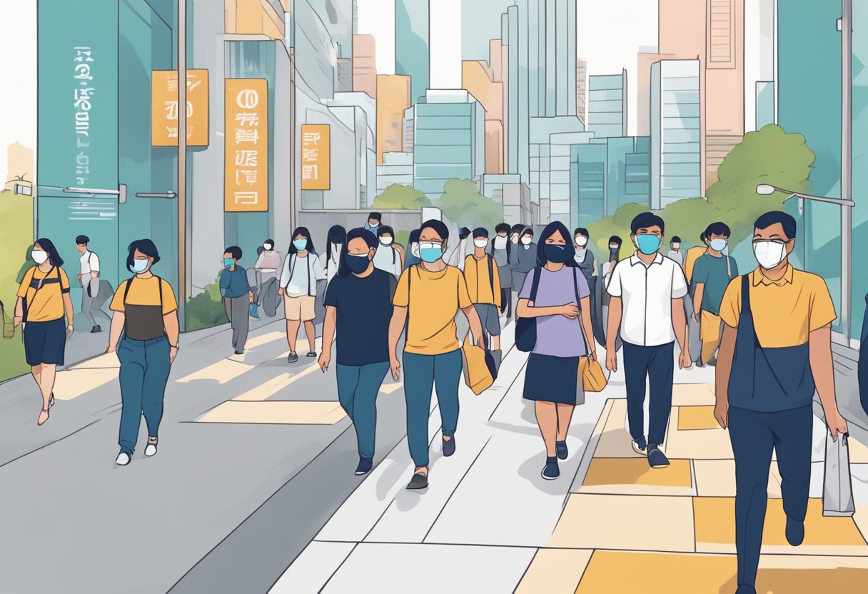 People in Singapore wearing masks, walking in public spaces, with signs reminding to maintain social distance and follow safety guidelines