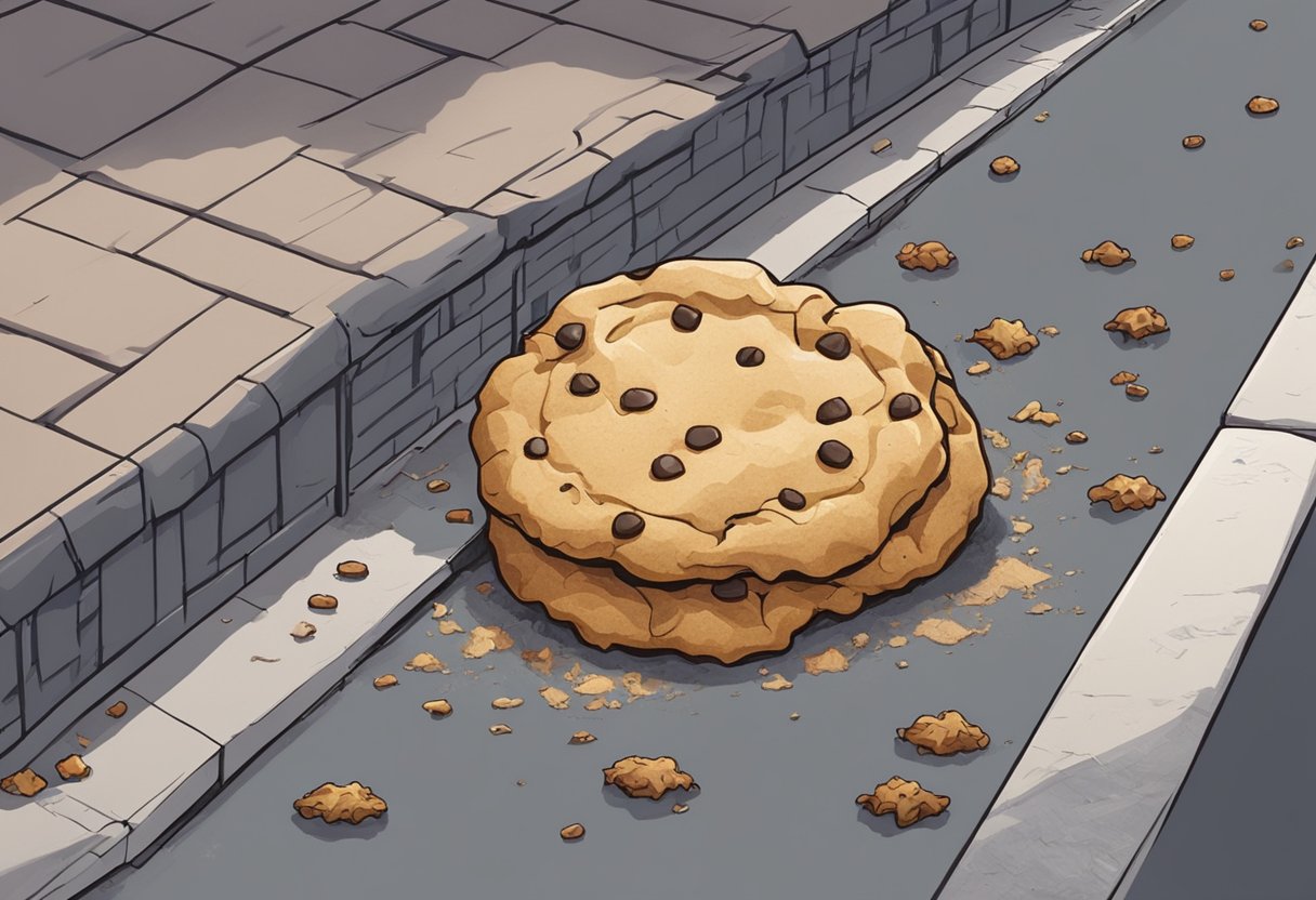 A crumpled, half-eaten cookie lies on the grimy sidewalk in the bustling streets of Singapore. Ants swarm around the sugary treat, adding to the sense of decay and neglect