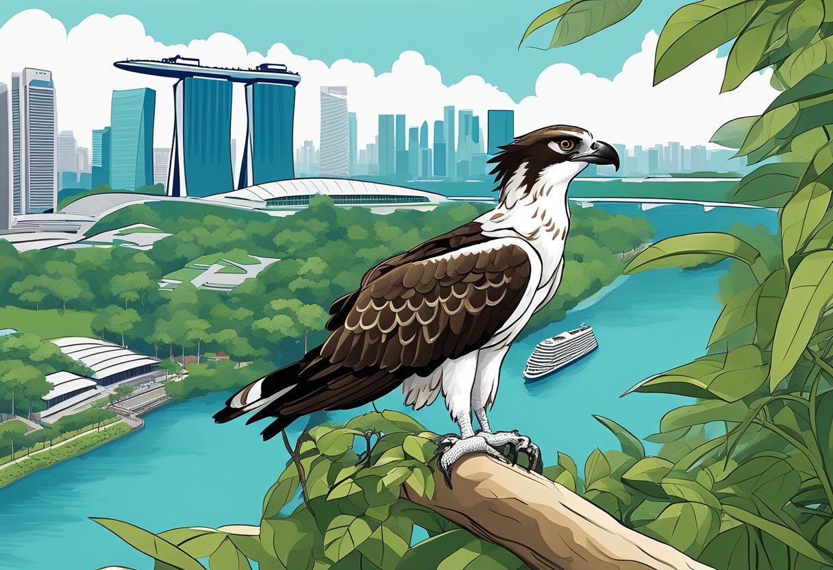 An osprey perched on a branch overlooking the Singapore skyline, with the iconic Marina Bay Sands and Gardens by the Bay in the background