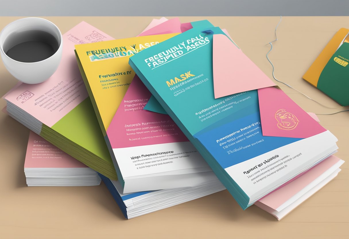 A stack of "Frequently Asked Questions" pamphlets with a "mask singapore" label on a table