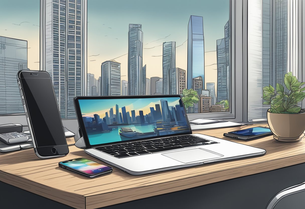 A sleek iPhone rests on a modern Singaporean desk, surrounded by Apple products and accessories, with the city skyline visible through a nearby window