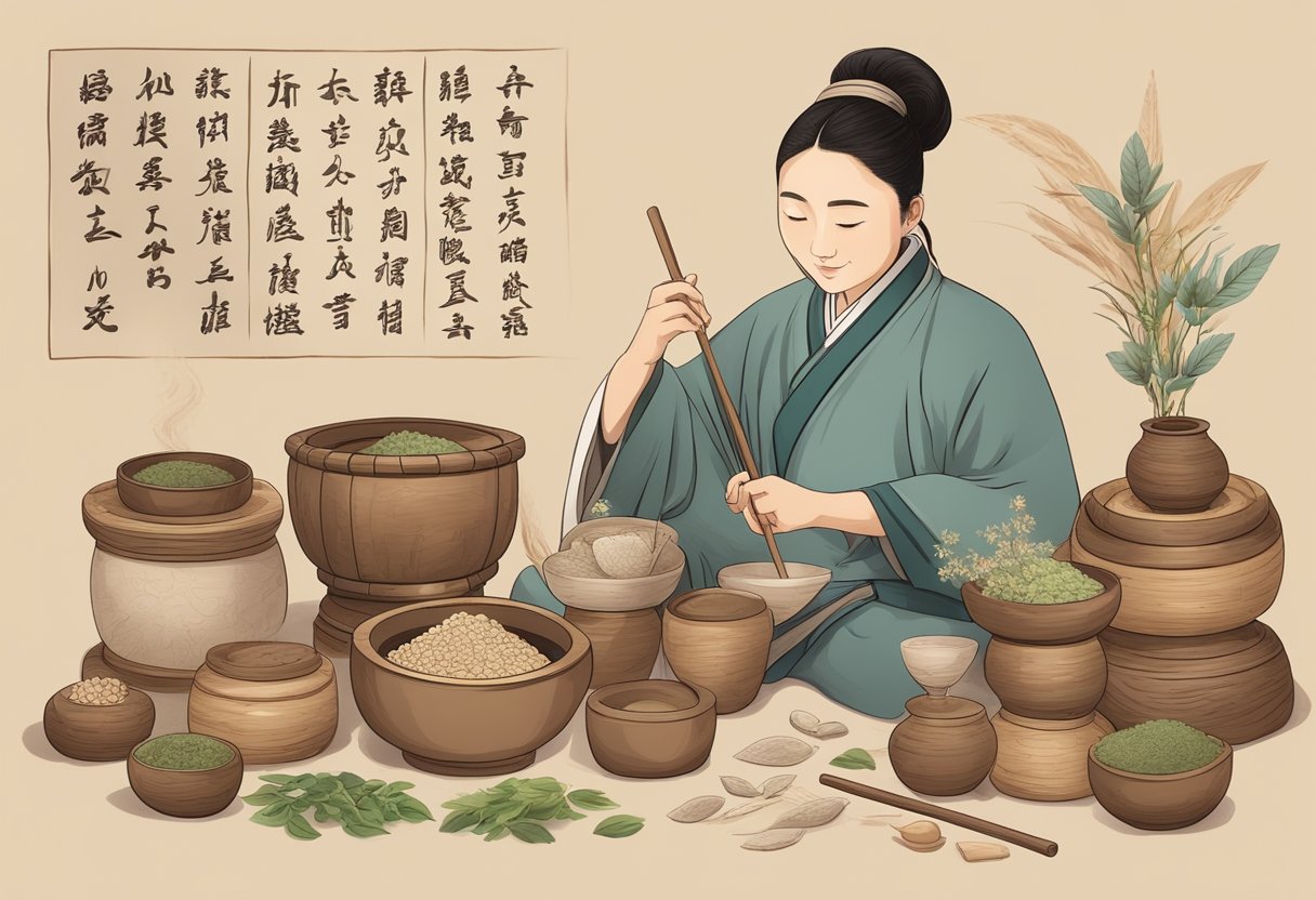 A traditional Chinese medicine practitioner mixing herbs in a wooden mortar and pestle, surrounded by ancient scrolls and acupuncture charts