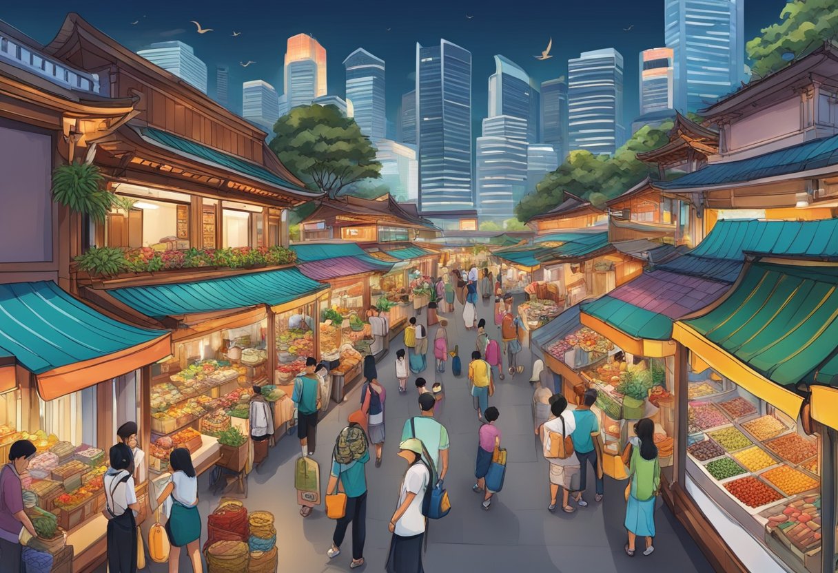 A bustling marketplace in Singapore, filled with vibrant colors and exotic goods. A mix of traditional and modern items line the stalls, creating a lively and diverse atmosphere
