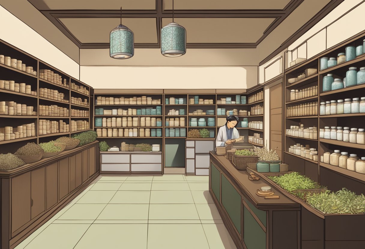 A traditional Chinese medicine shop in Singapore, with shelves of herbs, acupuncture charts, and a practitioner consulting with a patient