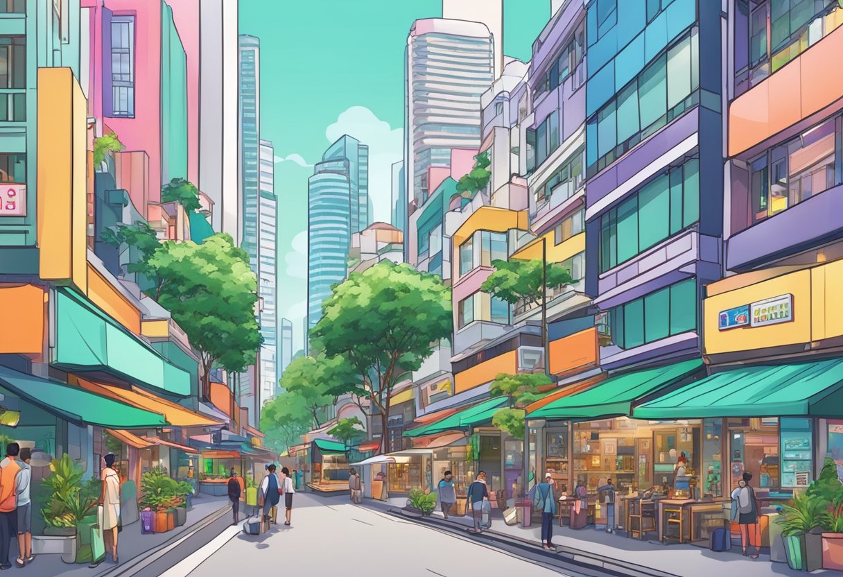 A bustling city street in Singapore, with colorful shop fronts and neon signs, surrounded by modern skyscrapers and lush greenery