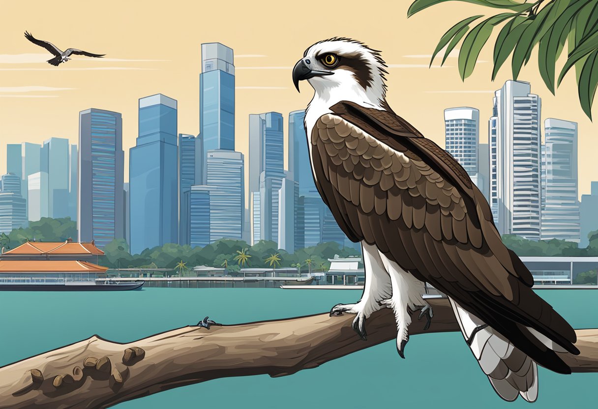 An osprey perches on a tree branch, with the Singapore skyline in the background. The bird is surrounded by frequently asked questions about osprey in Singapore