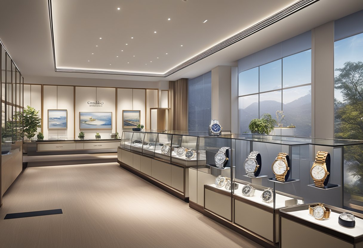 A display of Grand Seiko watches in a well-lit showroom, showcasing various collections with elegant designs and intricate craftsmanship