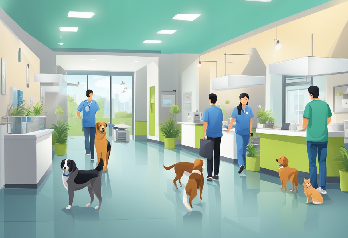 A busy veterinary clinic in Singapore with pets and their owners waiting in the reception area, while staff attend to animals in the examination rooms