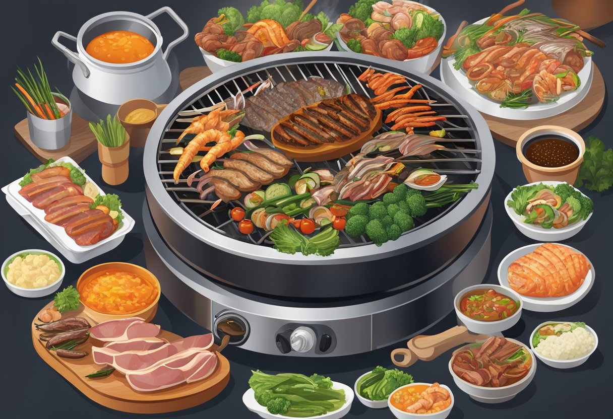 A sizzling mookata grill surrounded by a variety of fresh meats, seafood, and vegetables, with steam rising and a bustling atmosphere