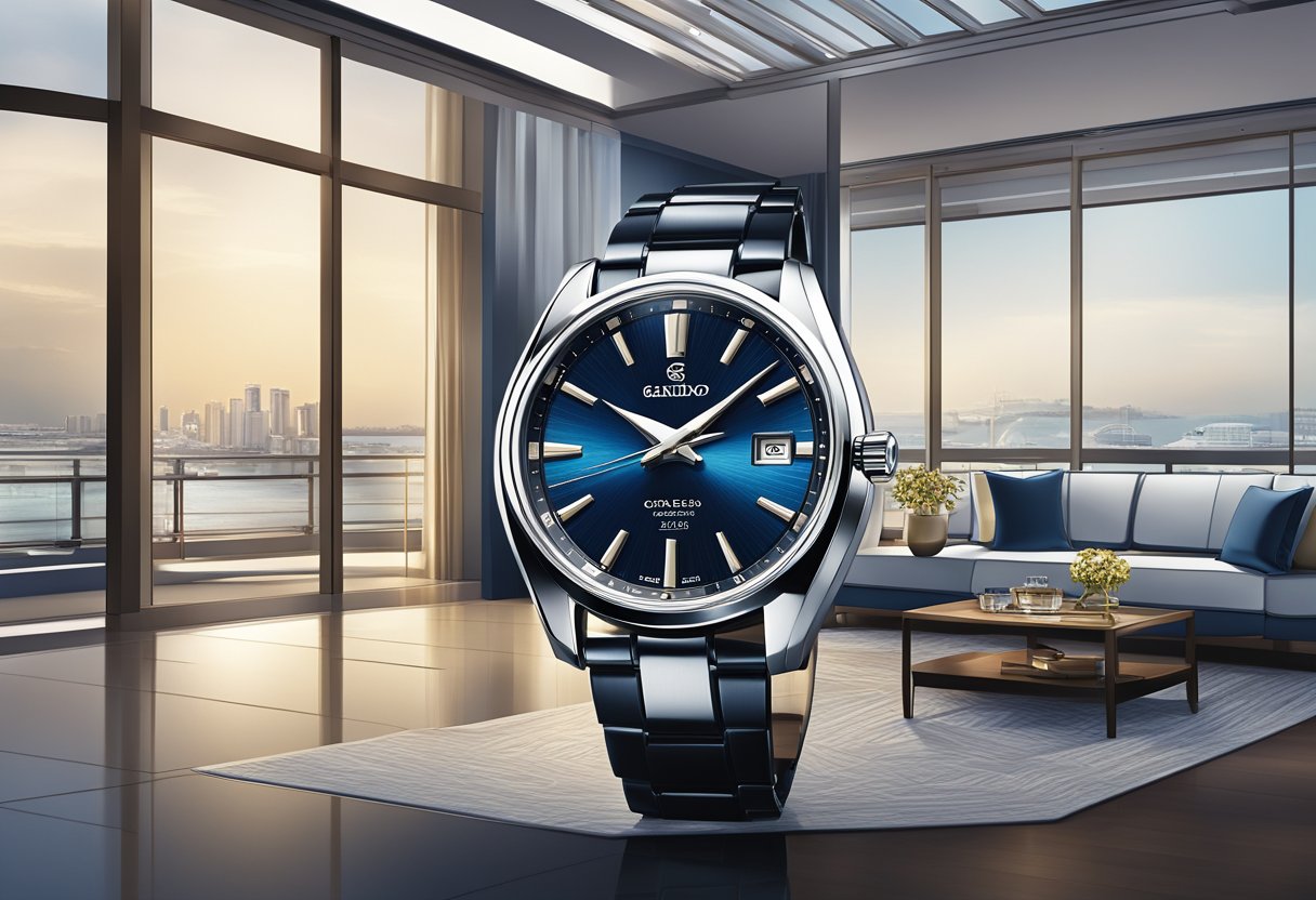 A luxurious Grand Seiko watch displayed in a sleek, modern setting in Singapore