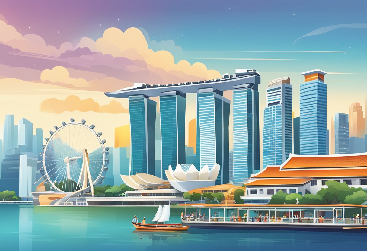 The bustling streets of Singapore, with iconic landmarks like the Marina Bay Sands and the Merlion statue, surrounded by a mix of modern skyscrapers and traditional shophouses