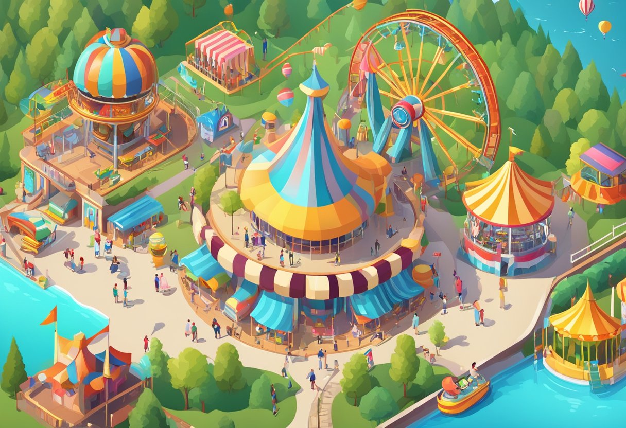 A vibrant and bustling amusement park with thrilling rides and colorful attractions, surrounded by excited visitors enjoying their day