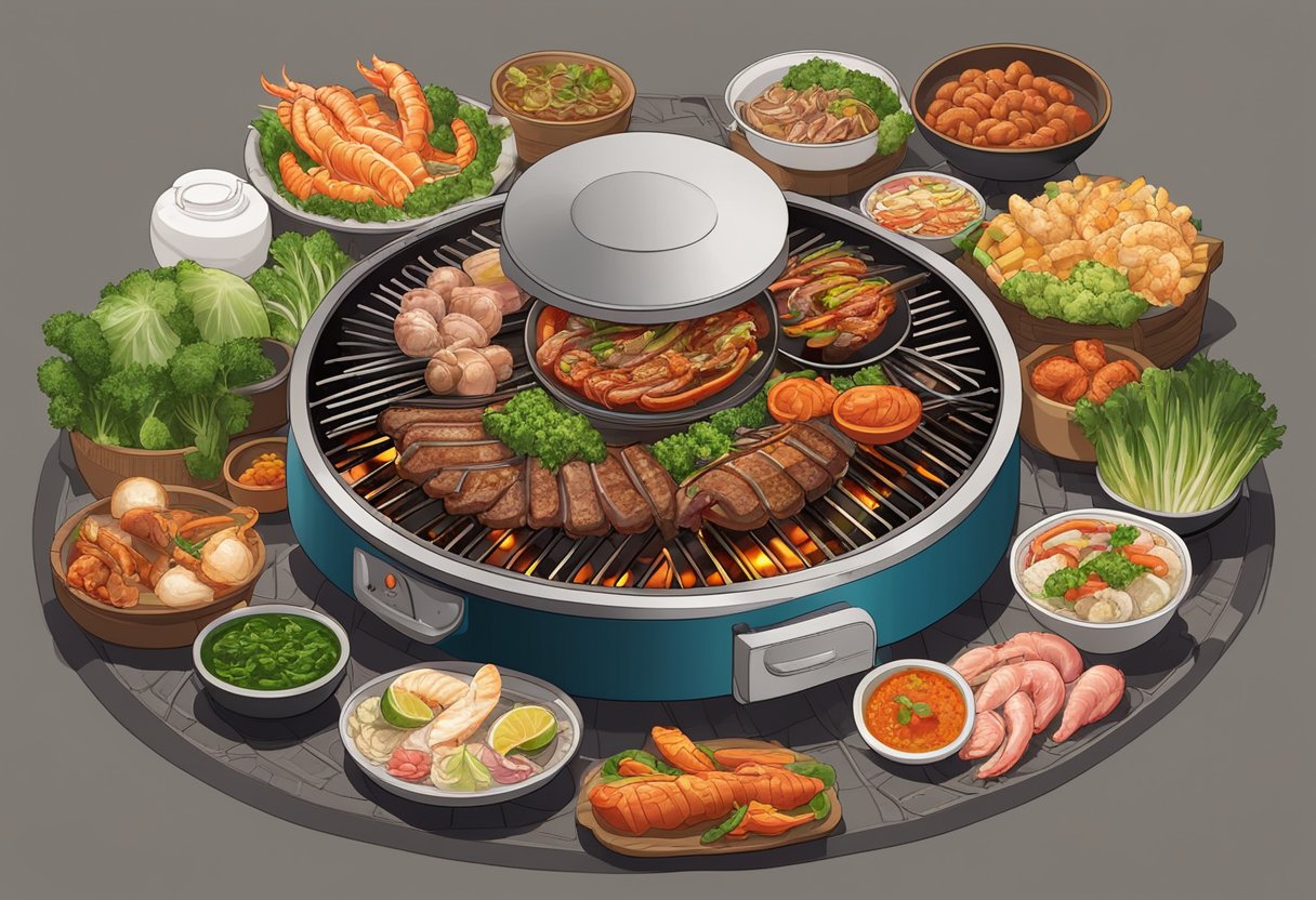 A sizzling mookata grill surrounded by various meats, seafood, and vegetables, with steam rising and a fragrant aroma filling the air