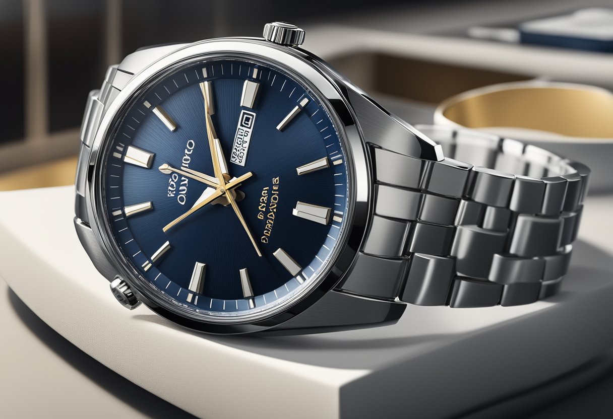A grand Seiko watch displayed on a sleek, modern showcase with the words "Frequently Asked Questions" prominently featured in the background