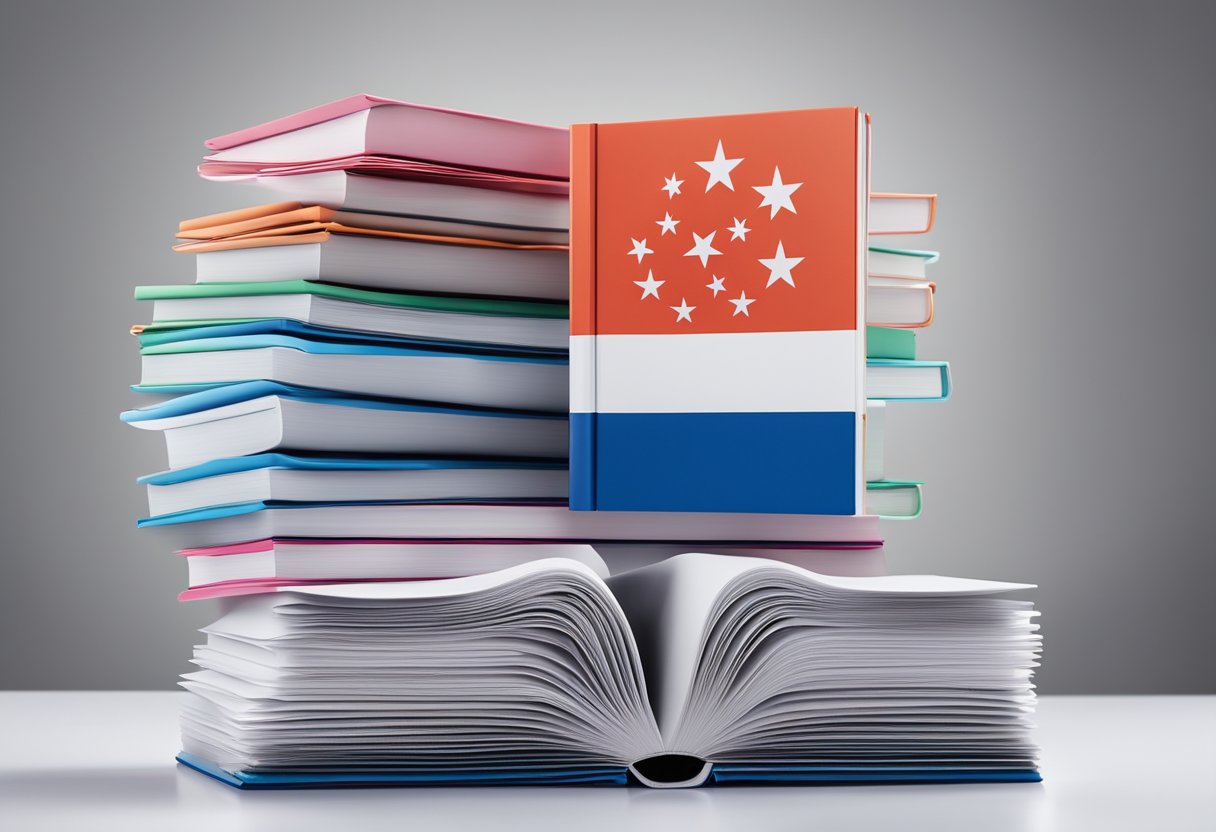 A stack of colorful health booklets lies on a clean, white table in a well-lit room. The booklets are neatly arranged and feature the Singaporean flag on the cover