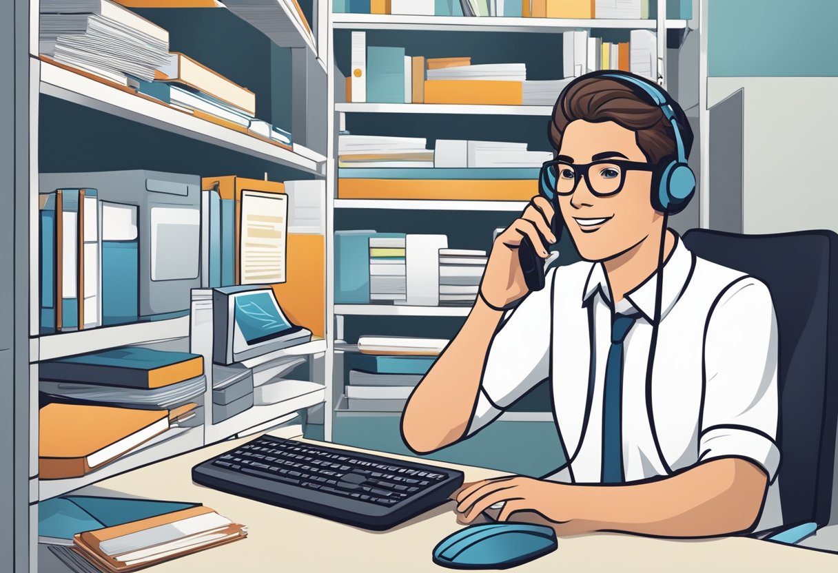 A customer service representative answering questions at a desk with a computer and phone, surrounded by shelves of product manuals and informational materials