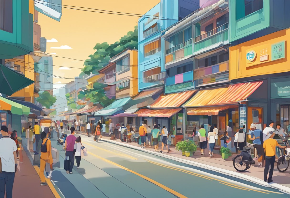 A bustling street in Lovisa, Singapore, with colorful storefronts and vibrant signage, bustling with pedestrians and surrounded by modern architecture