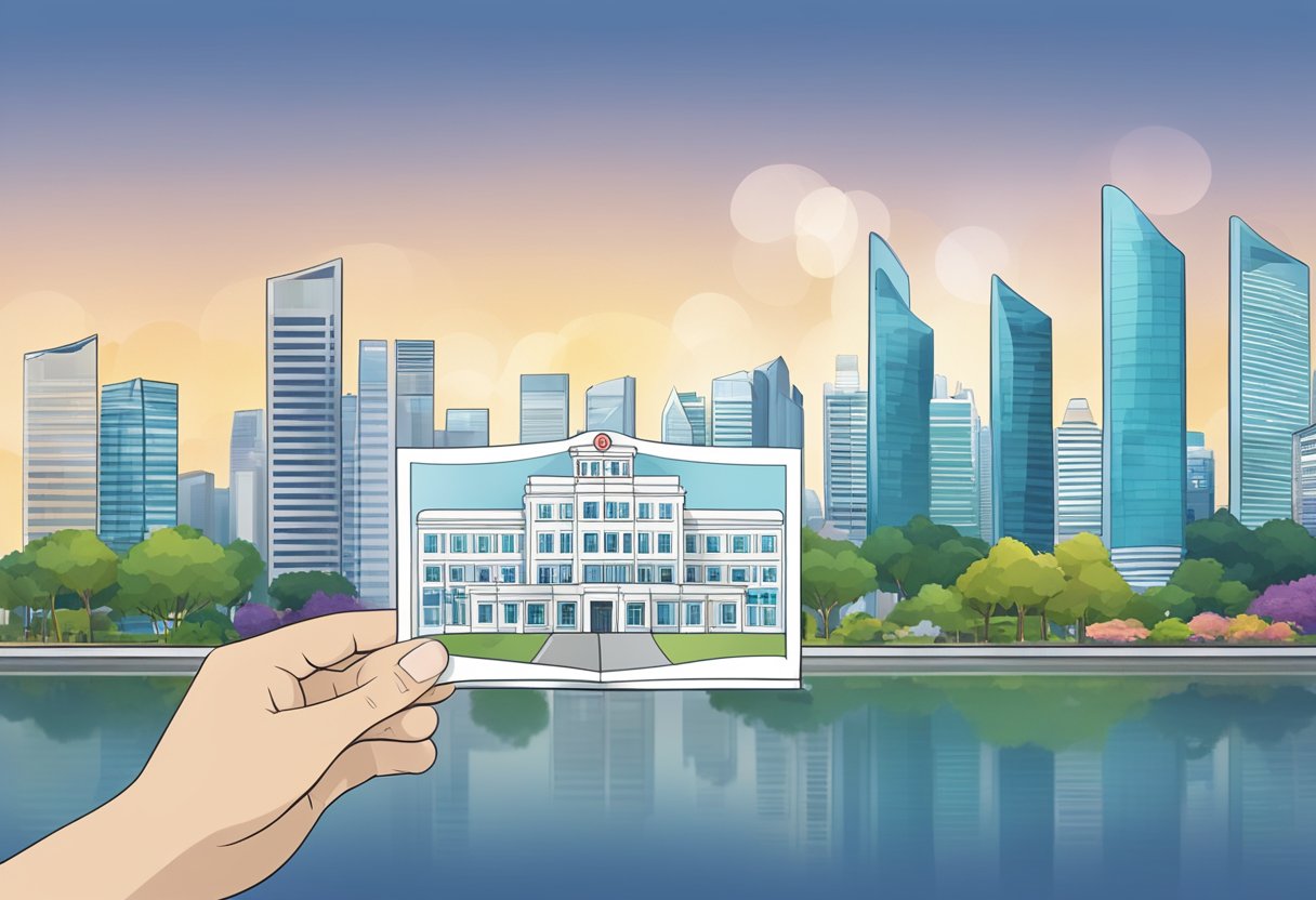 A hand holding a health booklet with the Singapore skyline in the background, featuring a prominent hospital or medical facility