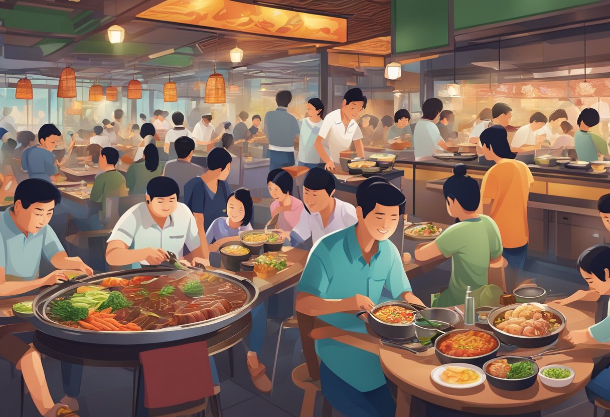 A bustling Mookata restaurant in Singapore with sizzling hotpots and grills, surrounded by eager diners enjoying the aroma of sizzling meats and vegetables