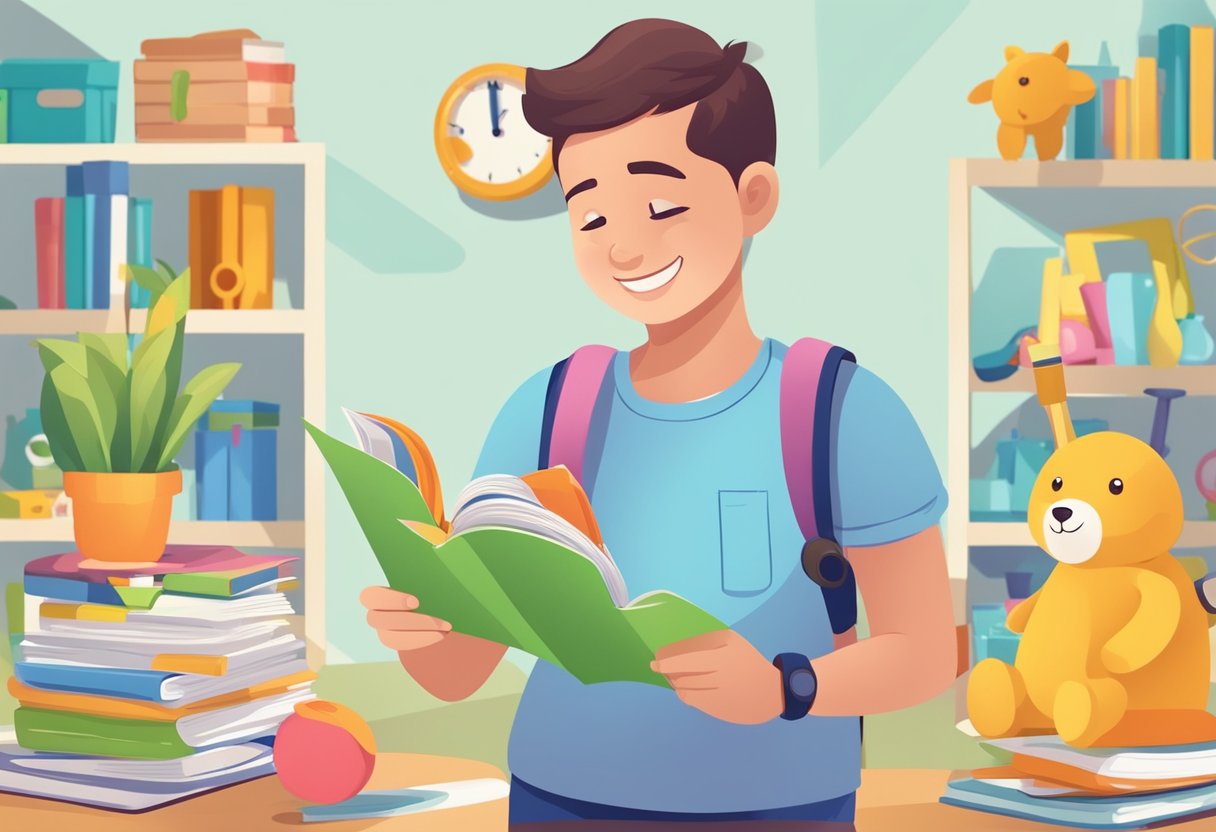 A parent holds a colorful health booklet in one hand while pointing to a list of healthy habits. A smiling child plays with toys in the background