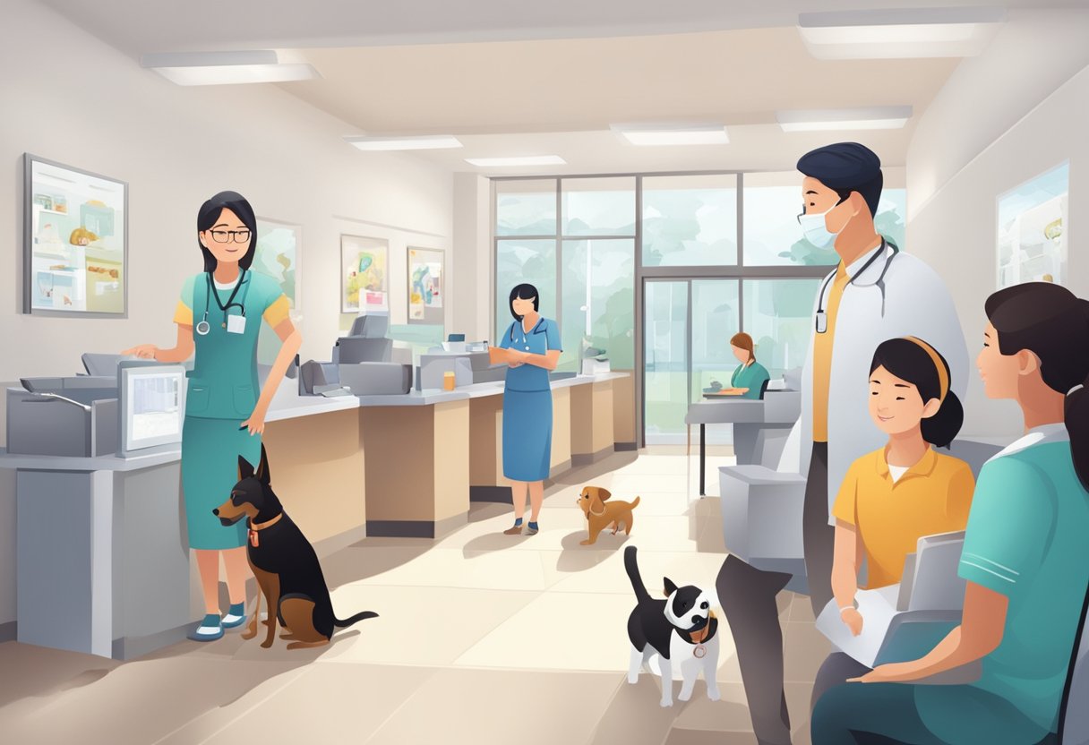 A busy veterinary clinic in Singapore, with animals and clients filling the waiting area. A receptionist checks in a new arrival while a veterinarian consults with a pet owner