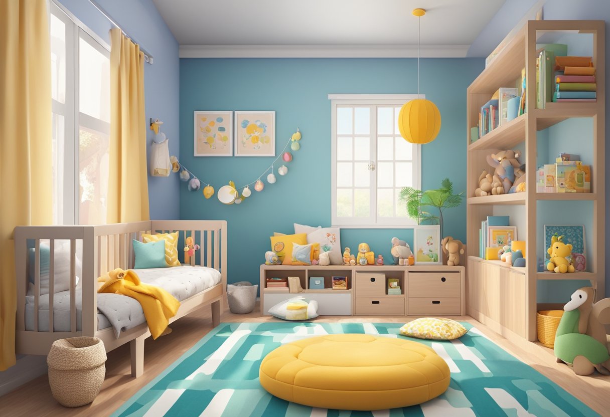 A colorful nursery in Singapore with toys, books, and a cozy reading nook. Brightly painted walls and soft, plush carpets create a warm and inviting atmosphere