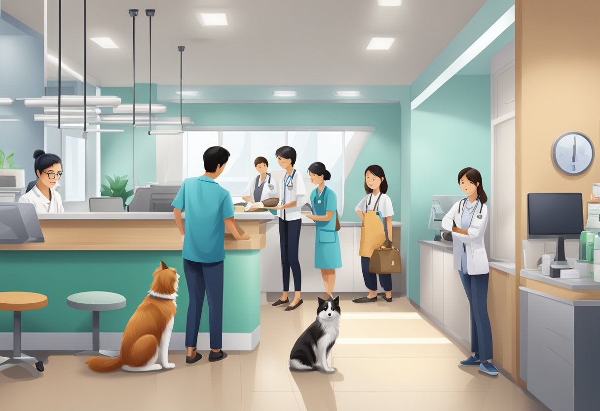 A busy veterinary clinic in Singapore, with pet owners waiting in line, a receptionist at the front desk, and a veterinarian attending to a furry patient