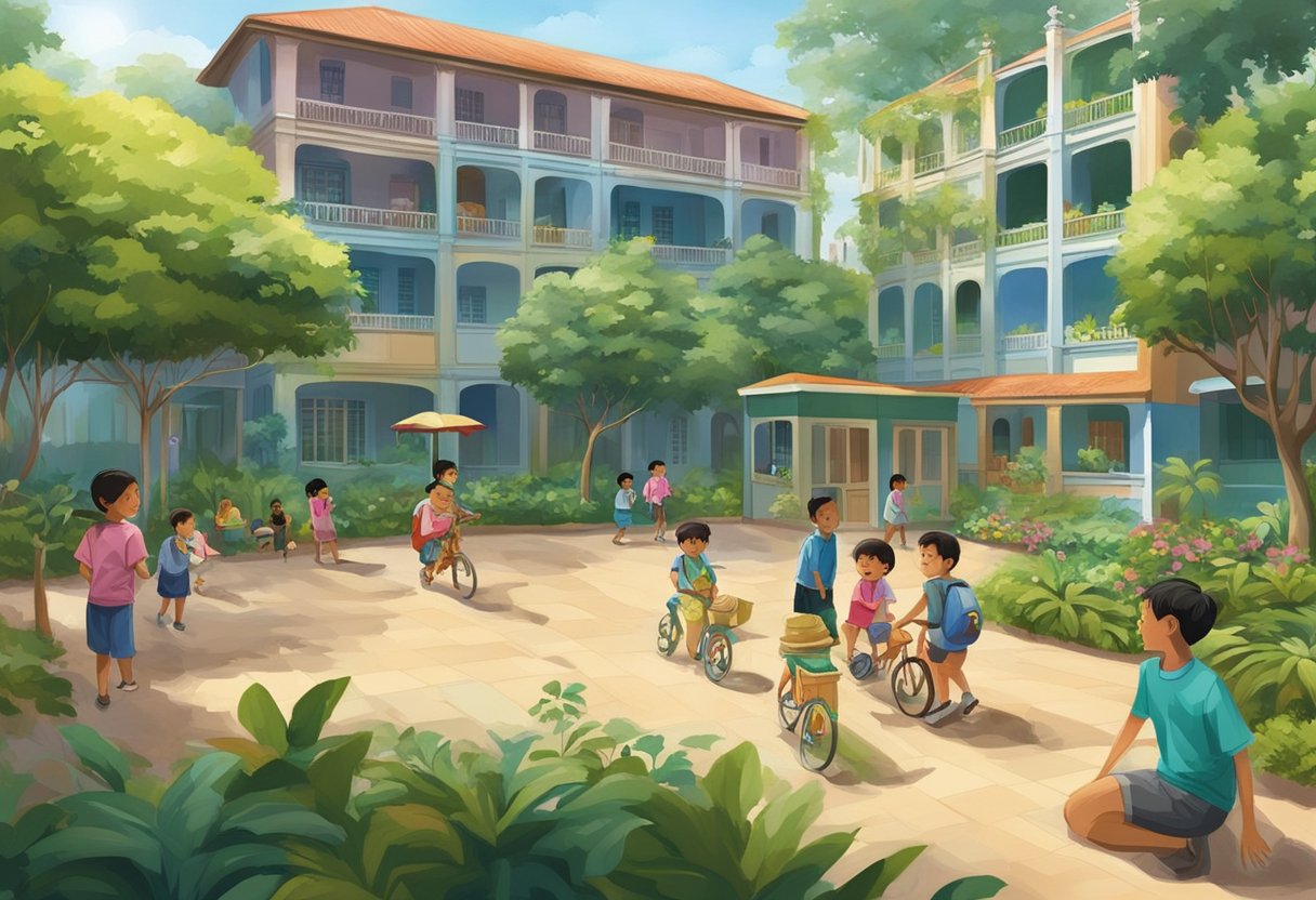 Children play in the courtyard of a Singapore orphanage, surrounded by lush greenery and colorful buildings