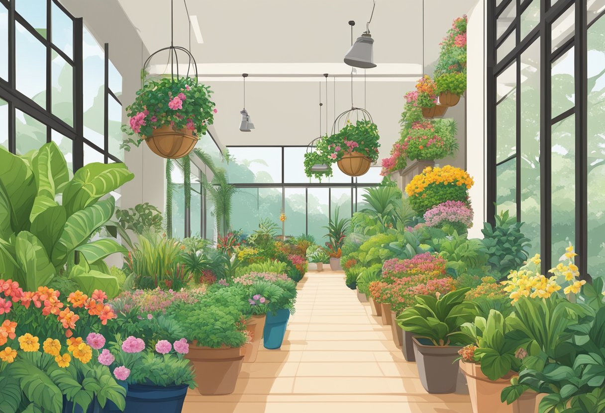 Lush greenery in Singapore nursery, with vibrant flowers and exotic plants. Rows of potted plants and hanging baskets fill the space, creating a colorful and lively atmosphere