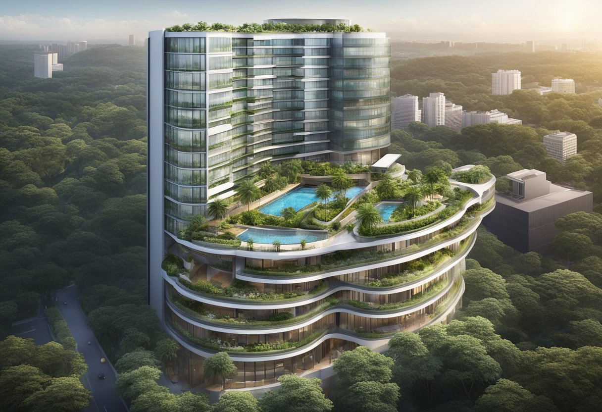 The Parkroyal on Kitchener Road, Singapore, features a modern, high-rise hotel with a rooftop pool, surrounded by lush greenery and city views