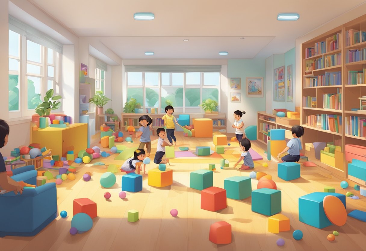 Children playing in a bright, spacious common area of a Singaporean orphanage, with colorful toys and books scattered around