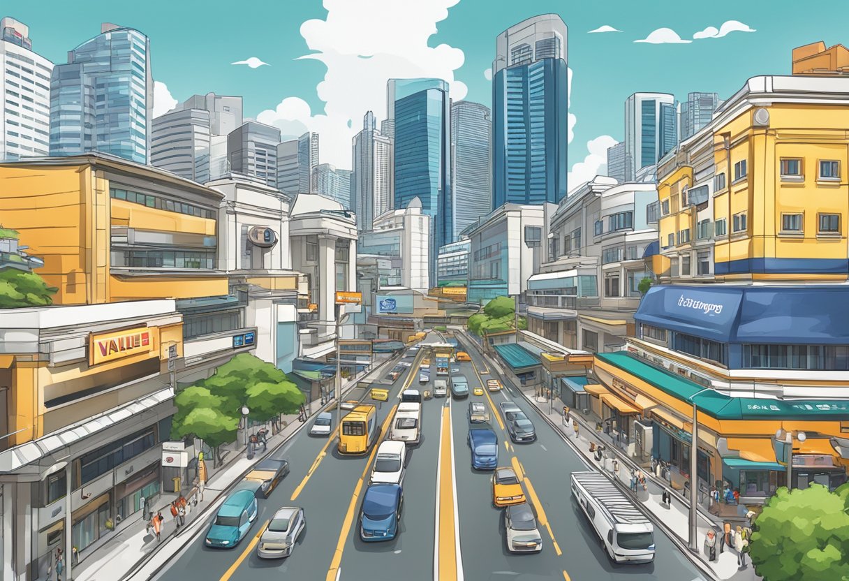 A bustling city street with a prominent sign for "Value Hotel" in Singapore, surrounded by other buildings and busy traffic