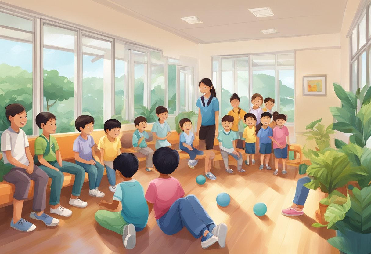 A group of children are gathered in a bright, welcoming space, engaging in educational and recreational activities with caring staff members at an orphanage in Singapore
