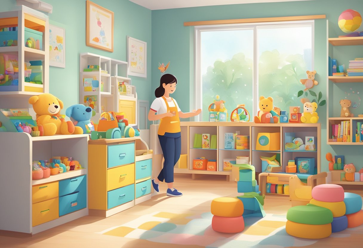 A bright and welcoming nursery in Singapore, with colorful toys and books neatly organized on shelves. A friendly staff member assists a parent with a smile