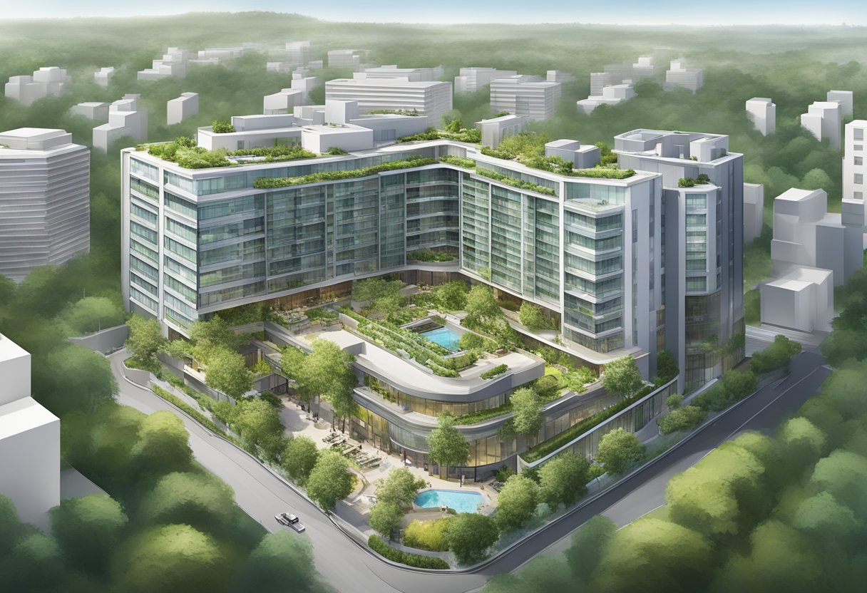 Aerial view of Parkroyal on Kitchener Road hotel, with surrounding greenery and a bustling cityscape in the background