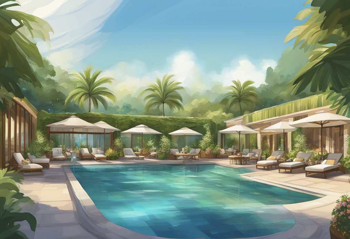 Lush greenery surrounds a sparkling pool, while a spa offers luxurious treatments. Guests enjoy delectable cuisine at the restaurant, and attentive staff provide impeccable service throughout the hotel