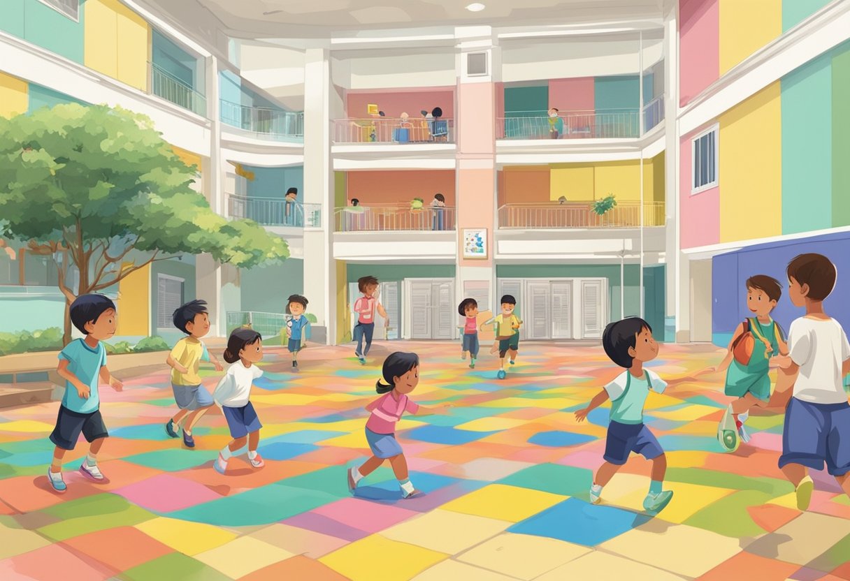 Children playing in a colorful, spacious orphanage in Singapore. A sign reads "Frequently Asked Questions" at the entrance