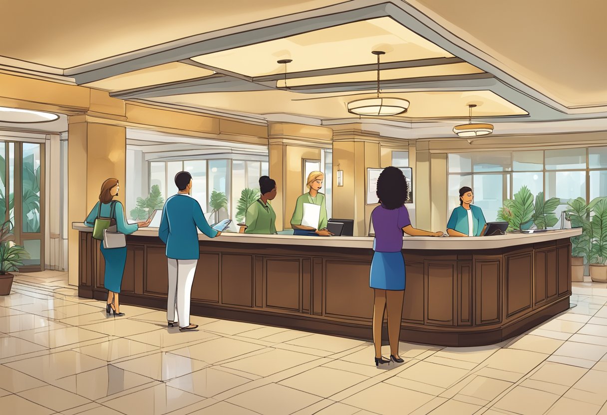 A brightly lit hotel lobby with a reception desk, a sign reading "Frequently Asked Questions," and guests checking in at the counter
