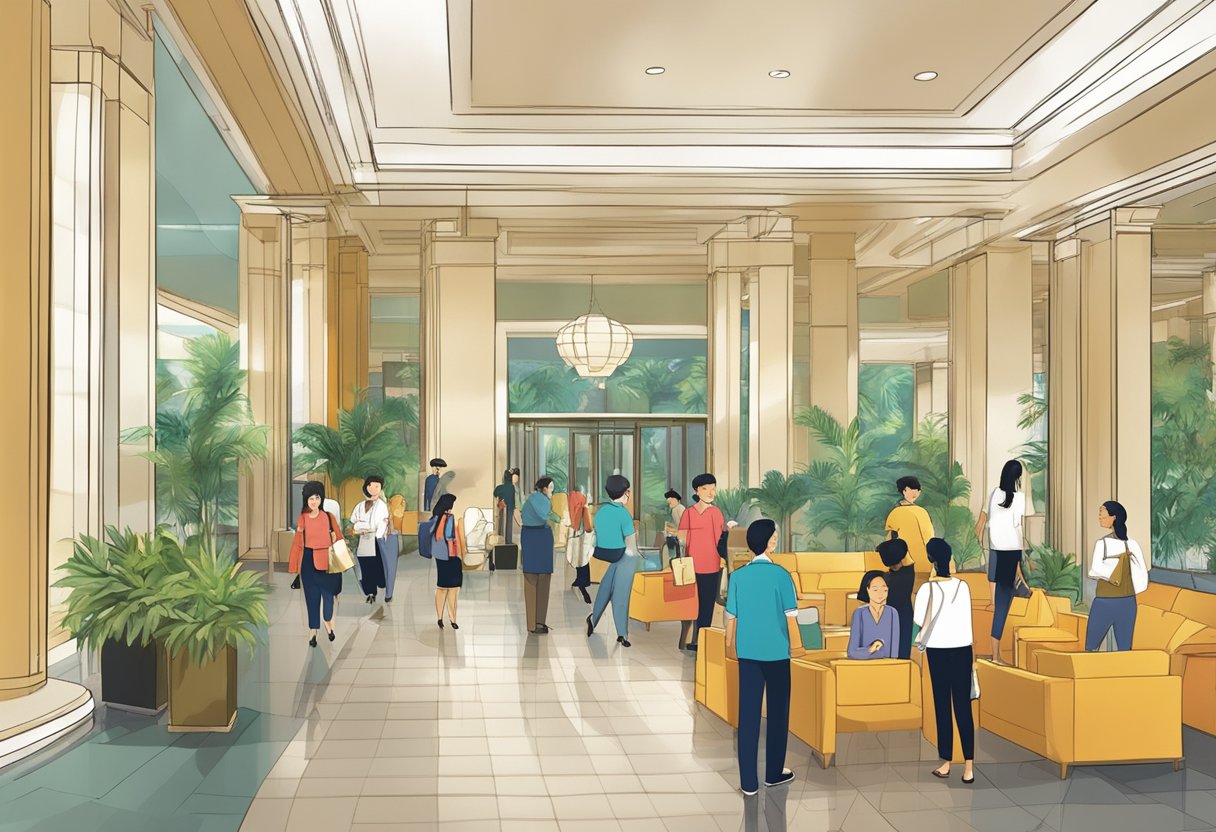 A bustling hotel lobby with a prominent "Frequently Asked Questions" sign at Parkroyal on Kitchener Road, Singapore. Guests and staff move about, creating a lively atmosphere