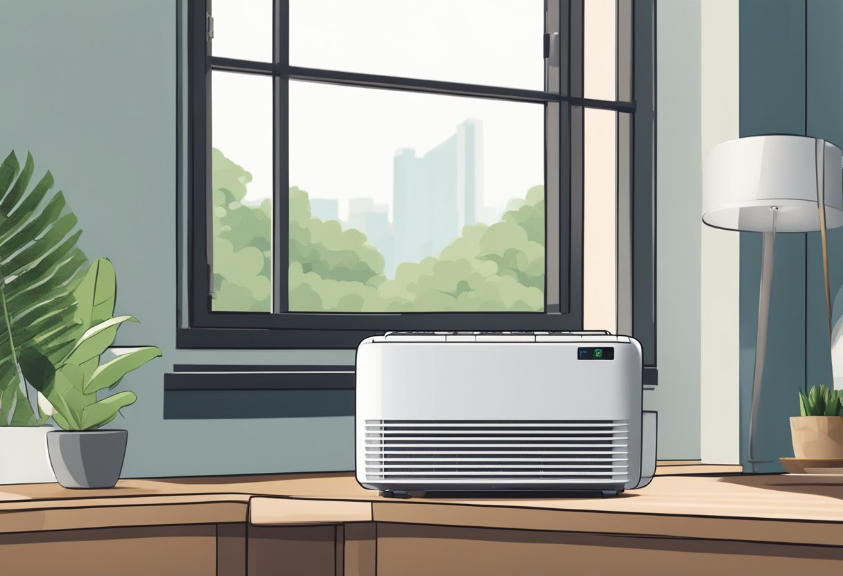 A compact portable air conditioner sits on a table in a modern Singaporean apartment, providing relief from the tropical heat