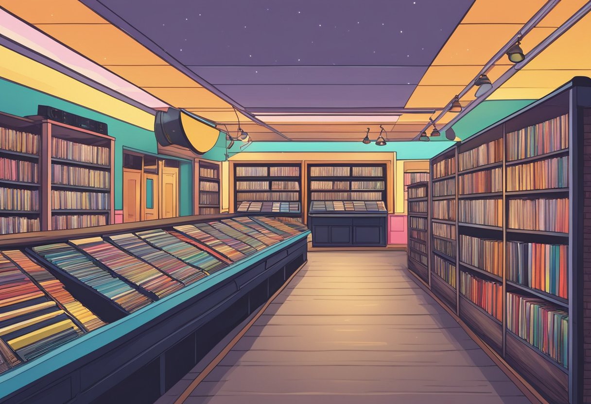 A colorful vinyl record shop in Singapore, with rows of shelves filled with vintage and modern albums. Bright lights and a cozy atmosphere