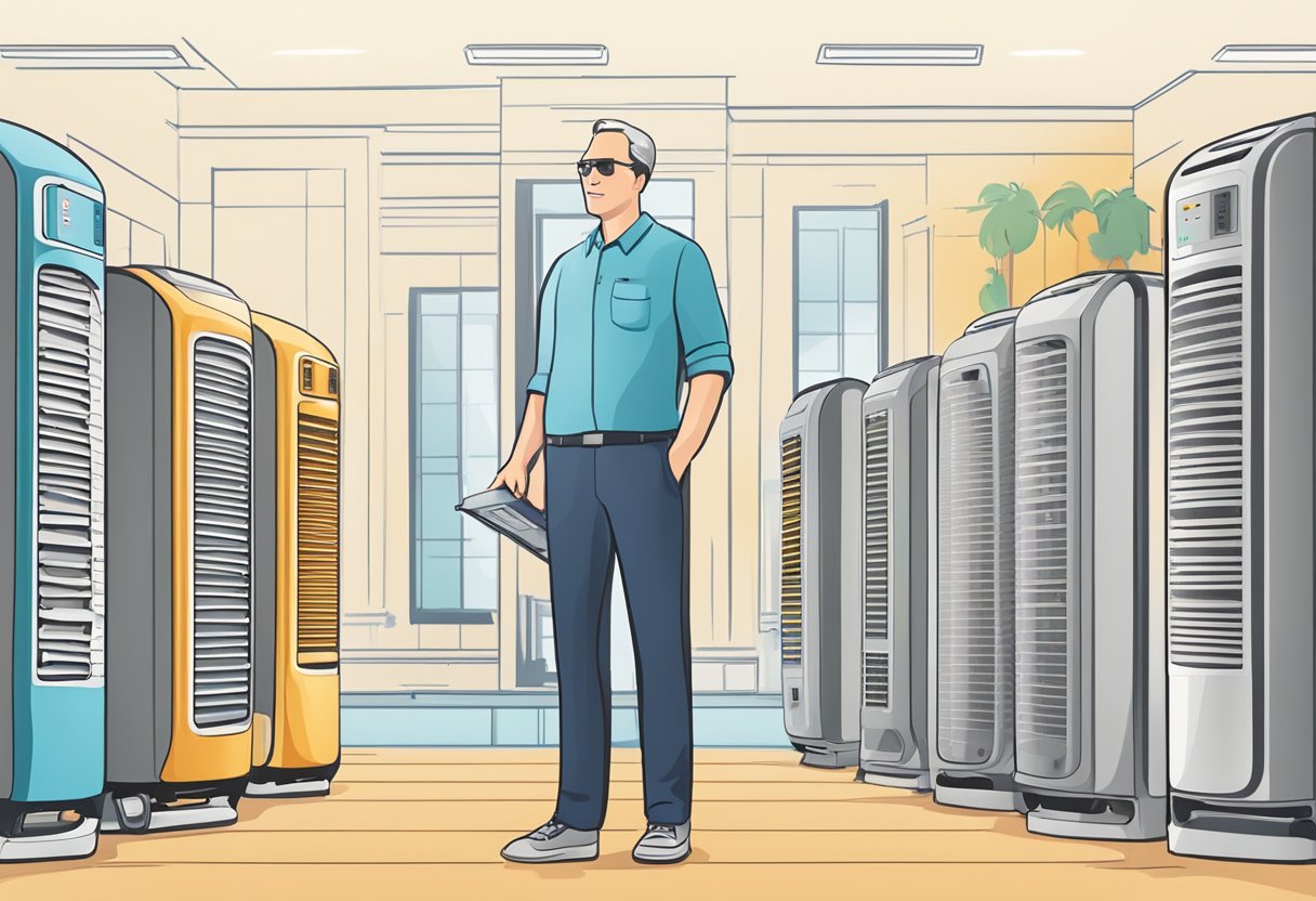A person standing in front of a variety of portable air conditioners, comparing features and prices