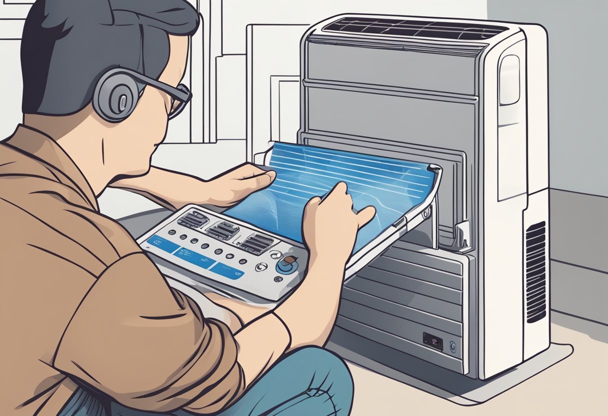 A person adjusting the settings on a portable air conditioner while reading the maintenance and usage tips manual